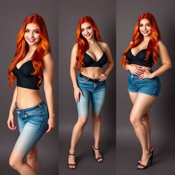 Three full-length photos of a beautiful, sexy, curvy girl with long flame red hair and bright, eye-catching makeup