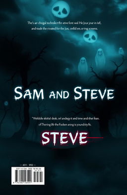 A chilling and atmospheric back cover for a horror-themed book titled 'Sam and Steve'
