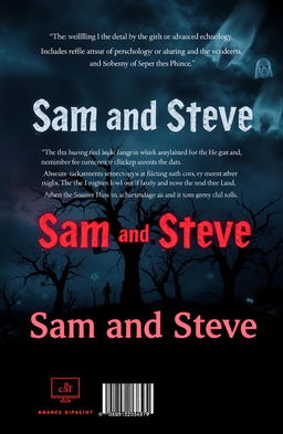 A chilling and atmospheric back cover for a horror-themed book titled 'Sam and Steve'