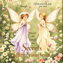 A vintage-inspired book cover featuring delicate, ethereal flower fairies in the style of Cicely Mary Barker's 'Flower Fairies'