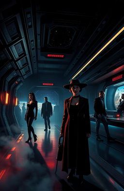 A deep space noir scene inspired by the themes of the film noir genre intertwined with the universe of Star Trek: Deep Space Nine