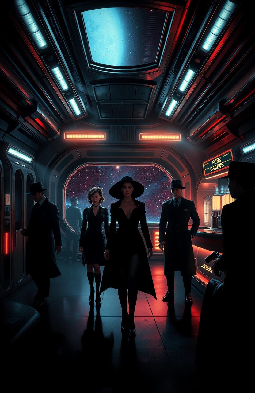 A deep space noir scene inspired by the themes of the film noir genre intertwined with the universe of Star Trek: Deep Space Nine