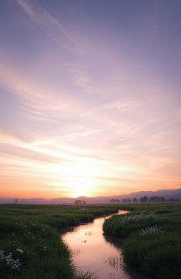 A serene dawn breaking over a tranquil landscape, with soft pastel colors casting a gentle glow on the horizon