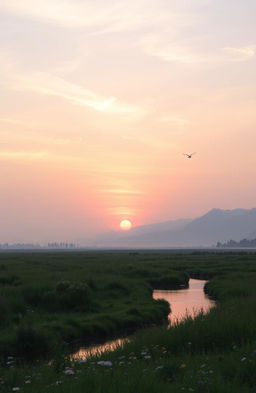 A serene dawn breaking over a tranquil landscape, with soft pastel colors casting a gentle glow on the horizon