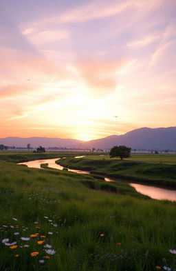 A serene dawn breaking over a tranquil landscape, with soft pastel colors casting a gentle glow on the horizon