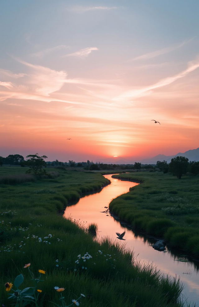 A serene dawn breaking over a tranquil landscape, with soft pastel colors casting a gentle glow on the horizon