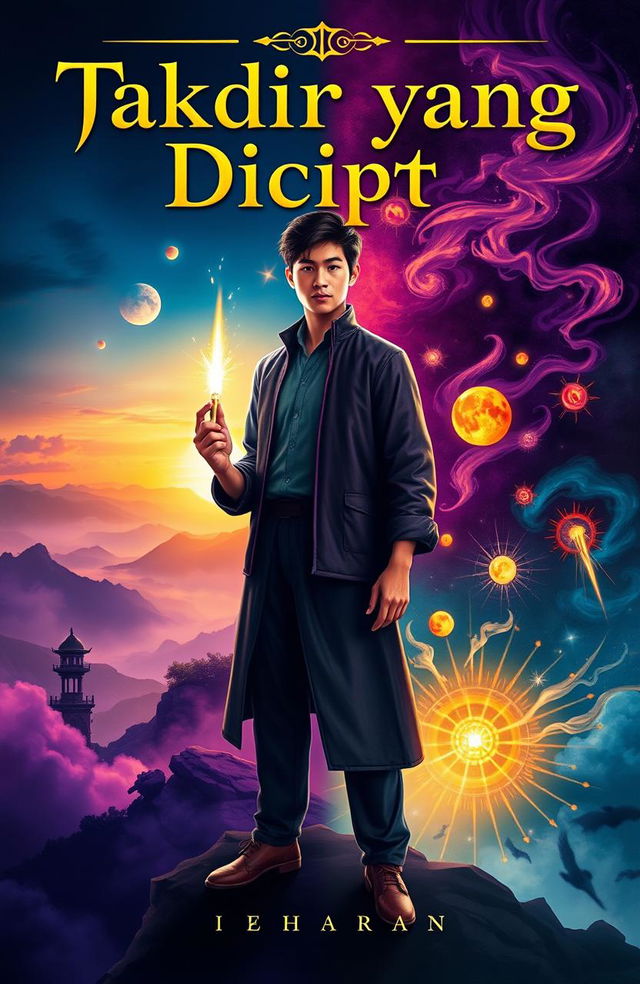 A powerful book cover for 'Takdir yang Dicipta', featuring Nuel standing confidently in the center