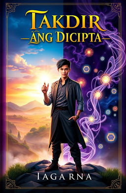 A powerful book cover for 'Takdir yang Dicipta', featuring Nuel standing confidently in the center