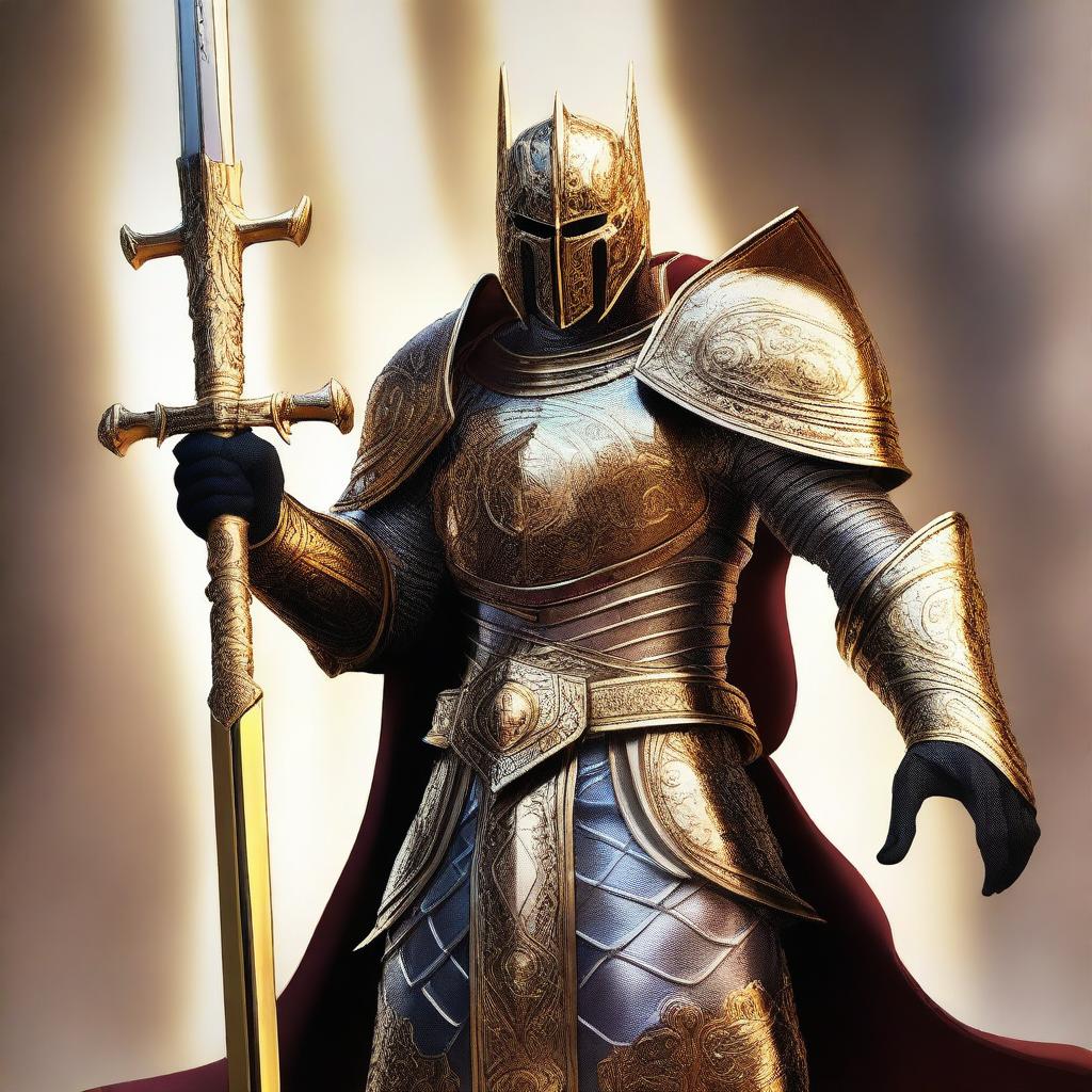 A digital art image of a Githyanki Oath of Vengeance Paladin in golden armor, standing with a silver greatsword against a backdrop of the Astral Plane