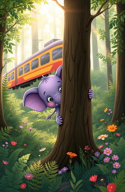A whimsical illustration of a small, purple forest elephant hiding playfully behind a tree in a lush German forest