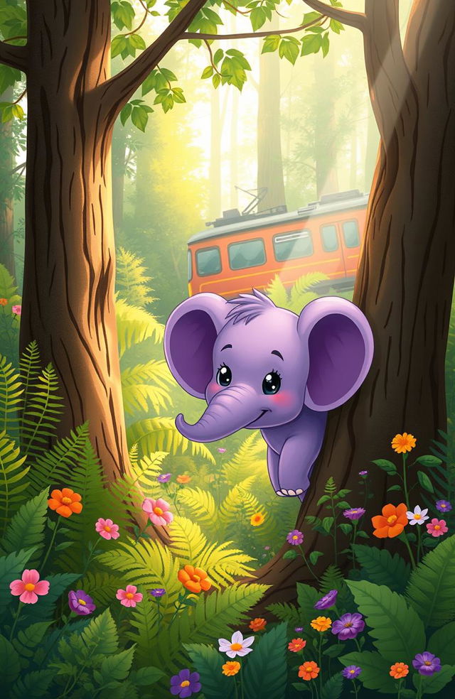 A whimsical illustration of a small, purple forest elephant hiding playfully behind a tree in a lush German forest