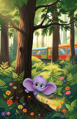 A whimsical illustration of a small, purple forest elephant hiding playfully behind a tree in a lush German forest