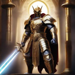 A digital art image of a Githyanki Oath of Vengeance Paladin in golden armor, standing with a silver greatsword against a backdrop of the Astral Plane