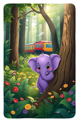 A whimsical illustration of a small, purple forest elephant hiding playfully behind a tree in a lush German forest