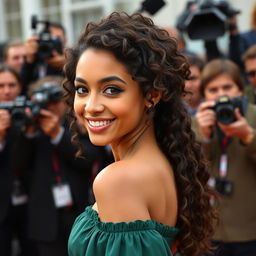 A striking mixed-race actress with her body facing sideways, exhibiting her morena skin tone and long, curly, springy hair