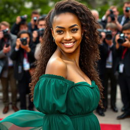 A striking mixed-race actress with her body facing sideways, exhibiting her morena skin tone and long, curly, springy hair