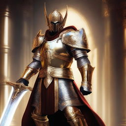 A digital art image of a Githyanki Oath of Vengeance Paladin in golden armor, standing with a silver greatsword against a backdrop of the Astral Plane