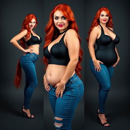 Three full-length photos of a beautiful, sexy, curvy girl with long flame red hair and bright, expressive makeup