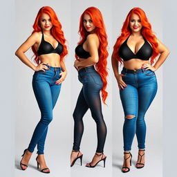 Three full-length photos of a beautiful, sexy, curvy girl with long flame red hair and bright, expressive makeup