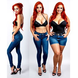 Three full-length photos of a beautiful, sexy, curvy girl with long flame red hair and bright, expressive makeup