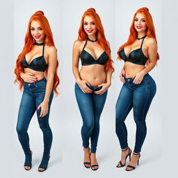 Three full-length photos of a beautiful, sexy, curvy girl with long flame red hair and bright, expressive makeup