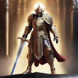 A digital art image of a Githyanki Oath of Vengeance Paladin in golden armor, standing with a silver greatsword against a backdrop of the Astral Plane