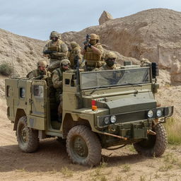 5 combatants in military fatigue, armed with assault rifles, missile launcher and radio in a rugged terrain vehicle