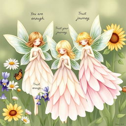 A whimsical illustration of a group of flower fairies, styled as early 20th-century botanical art