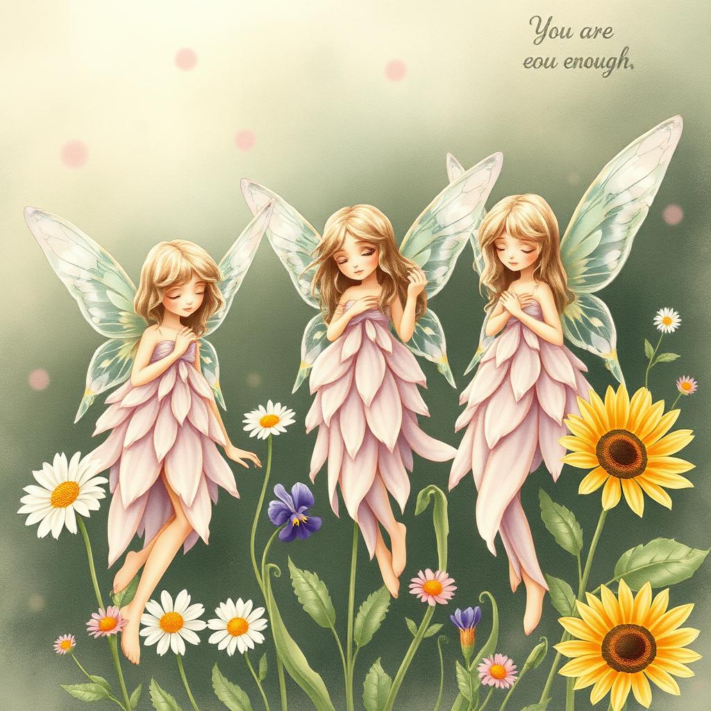 A whimsical illustration of a group of flower fairies, styled as early 20th-century botanical art