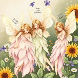 A whimsical illustration of a group of flower fairies, styled as early 20th-century botanical art
