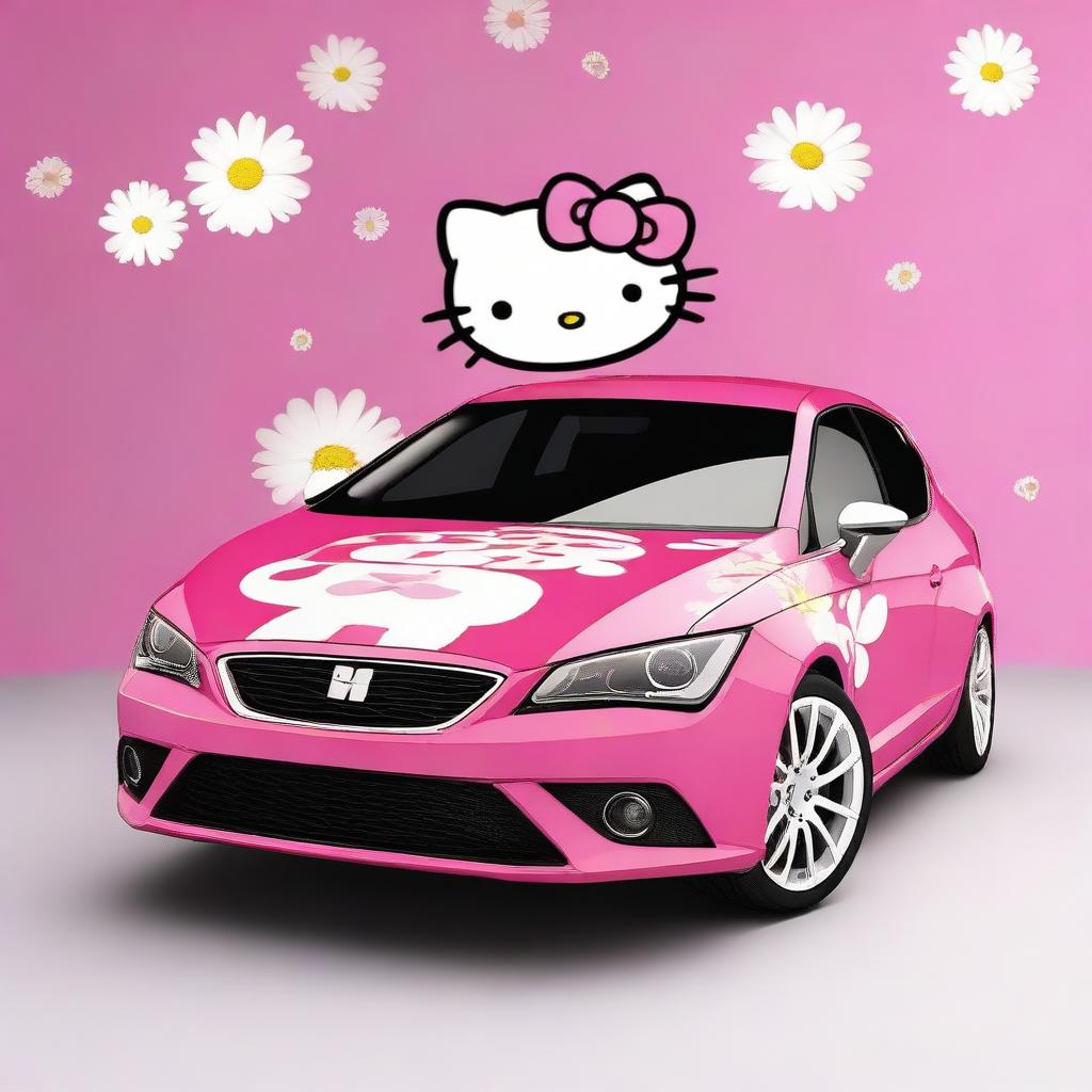 A high-quality digital art image of a Seat Leon car decorated in the style of Hello Kitty