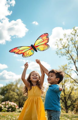 A heartwarming scene of two siblings playing together in a sunlit park, surrounded by blooming flowers and tall trees