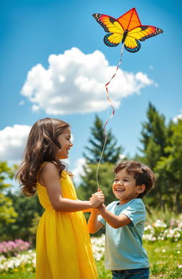 A heartwarming scene of two siblings playing together in a sunlit park, surrounded by blooming flowers and tall trees
