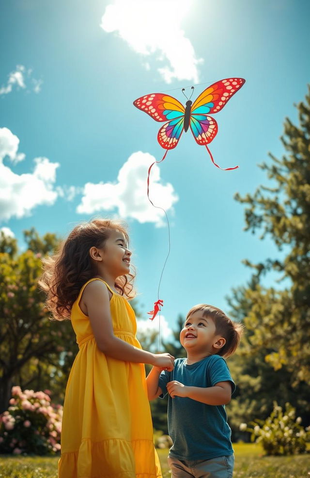 A heartwarming scene of two siblings playing together in a sunlit park, surrounded by blooming flowers and tall trees