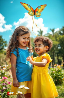 A heartwarming scene of two siblings playing together in a sunlit park, surrounded by blooming flowers and tall trees