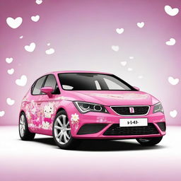 A high-quality digital art image of a Seat Leon car decorated in the style of Hello Kitty