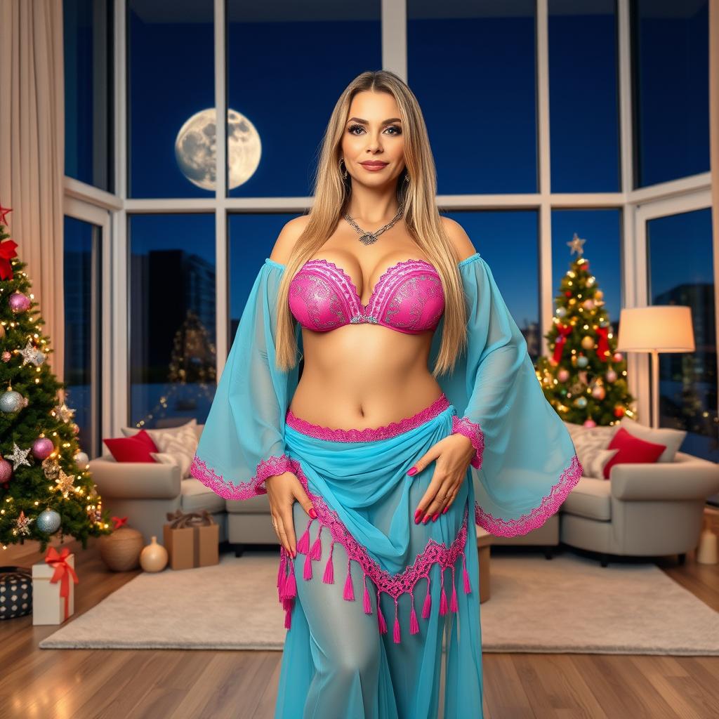 A full-body image of a beautiful 55-year-old MILF with Venezuelan features, wearing a sexy Arabian belly dance outfit in translucent sky blue with pink details