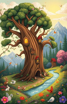 A whimsical illustration inspired by old folktales, featuring a lush, enchanted forest filled with colorful flora and mystical creatures