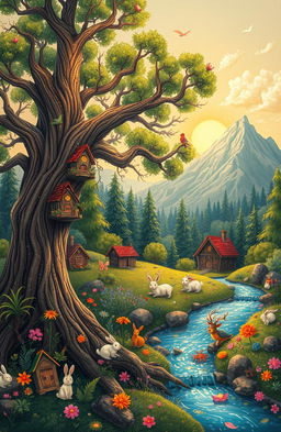 A whimsical illustration inspired by old folktales, featuring a lush, enchanted forest filled with colorful flora and mystical creatures