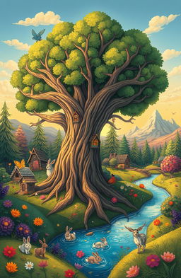 A whimsical illustration inspired by old folktales, featuring a lush, enchanted forest filled with colorful flora and mystical creatures