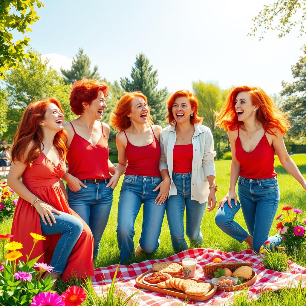 A vibrant and dynamic scene depicting a group of four mothers with striking red hair, having fun at a sunny park