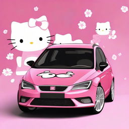 A high-quality digital art image of a Seat Leon car decorated in the style of Hello Kitty