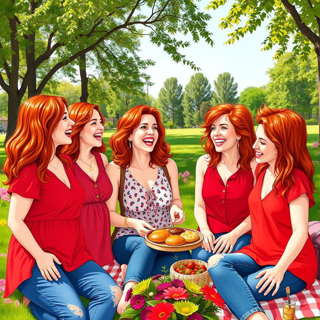 A vibrant and dynamic scene depicting a group of four mothers with striking red hair, having fun at a sunny park