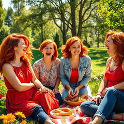 A vibrant and dynamic scene depicting a group of four mothers with striking red hair, having fun at a sunny park
