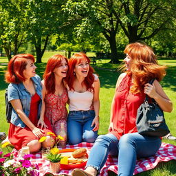 A vibrant and dynamic scene depicting a group of four mothers with striking red hair, having fun at a sunny park