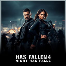 An action-packed teaser poster concept for 'HAS FALLEN 4: Night Has Fallen' (2024), featuring Gerard Butler as Mike Banning and Angela Bassett as Lynne Jacobs