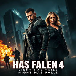 An action-packed teaser poster concept for 'HAS FALLEN 4: Night Has Fallen' (2024), featuring Gerard Butler as Mike Banning and Angela Bassett as Lynne Jacobs