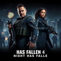 An action-packed teaser poster concept for 'HAS FALLEN 4: Night Has Fallen' (2024), featuring Gerard Butler as Mike Banning and Angela Bassett as Lynne Jacobs