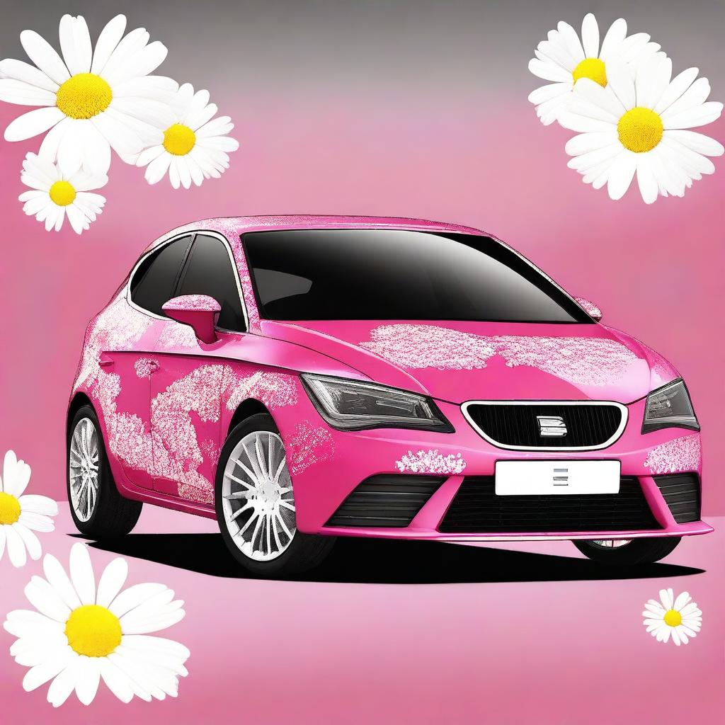 A high-quality digital art image of a Seat Leon car decorated in the style of Hello Kitty