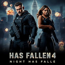 An action-packed teaser poster concept for 'HAS FALLEN 4: Night Has Fallen' (2024), featuring Gerard Butler as Mike Banning and Angela Bassett as Lynne Jacobs